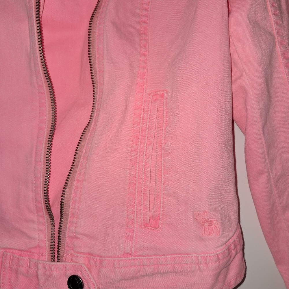 Abercrombie & Fitch Womens Pink Denim Moto Jean Jacket Large EUC - Picture 4 of 8